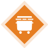 Orange sign with white dumpster icon.