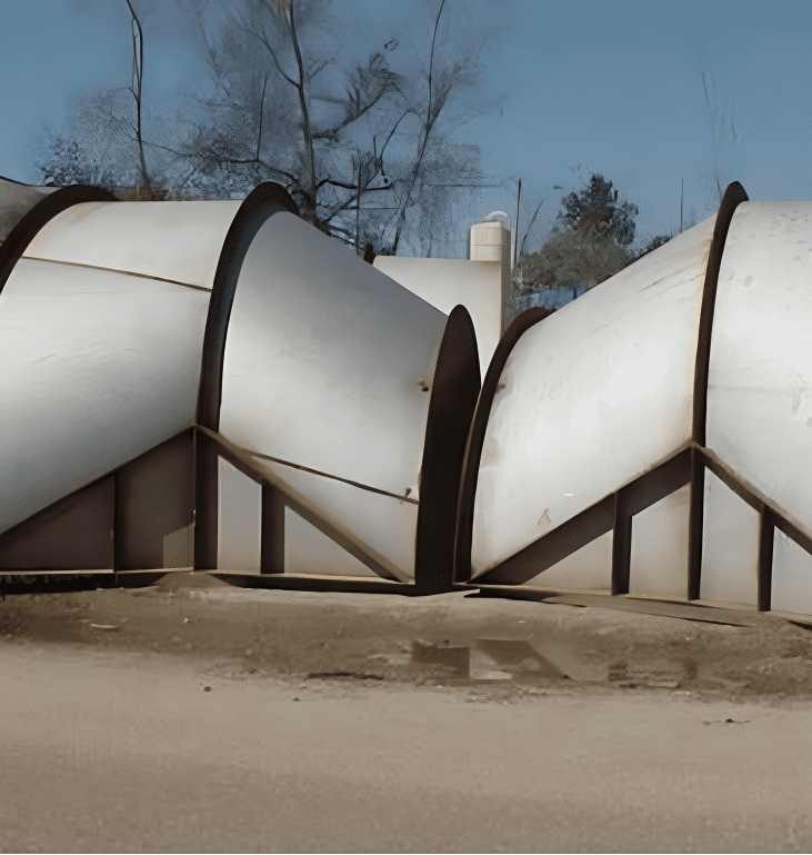Large white industrial pipes on dirt ground.