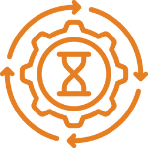 Gear with hourglass and circular arrows.