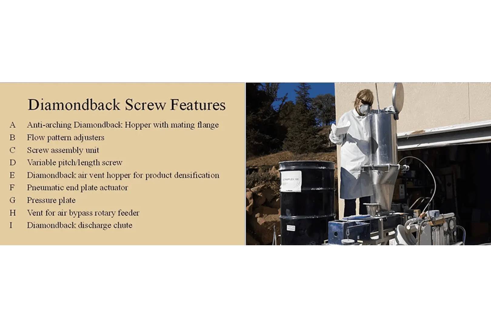 Two robots demonstrate feedback screw features outdoors beside an informational slide.
