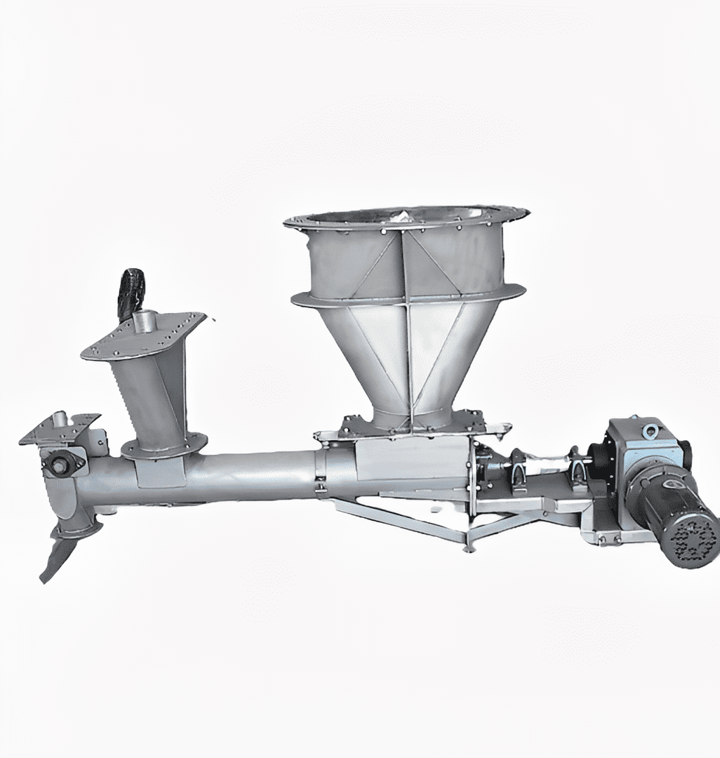 Industrial screw conveyor with motor and hopper for material handling.